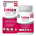 Pharmaris i-max 150 Therapeutic Iron Complex bottle and box showing 150mg elemental iron, vegan seal, and SOGC recognition.