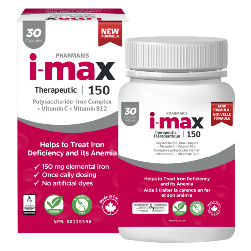 Pharmaris i-max 150 Therapeutic Iron Complex bottle and box showing 150mg elemental iron, vegan seal, and SOGC recognition.