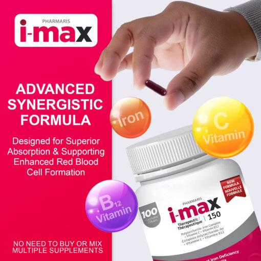 Pharmaris i-max 150 Therapeutic Iron Complex bottle and infographic showing Vitamin C and B12 for anemia treatment.