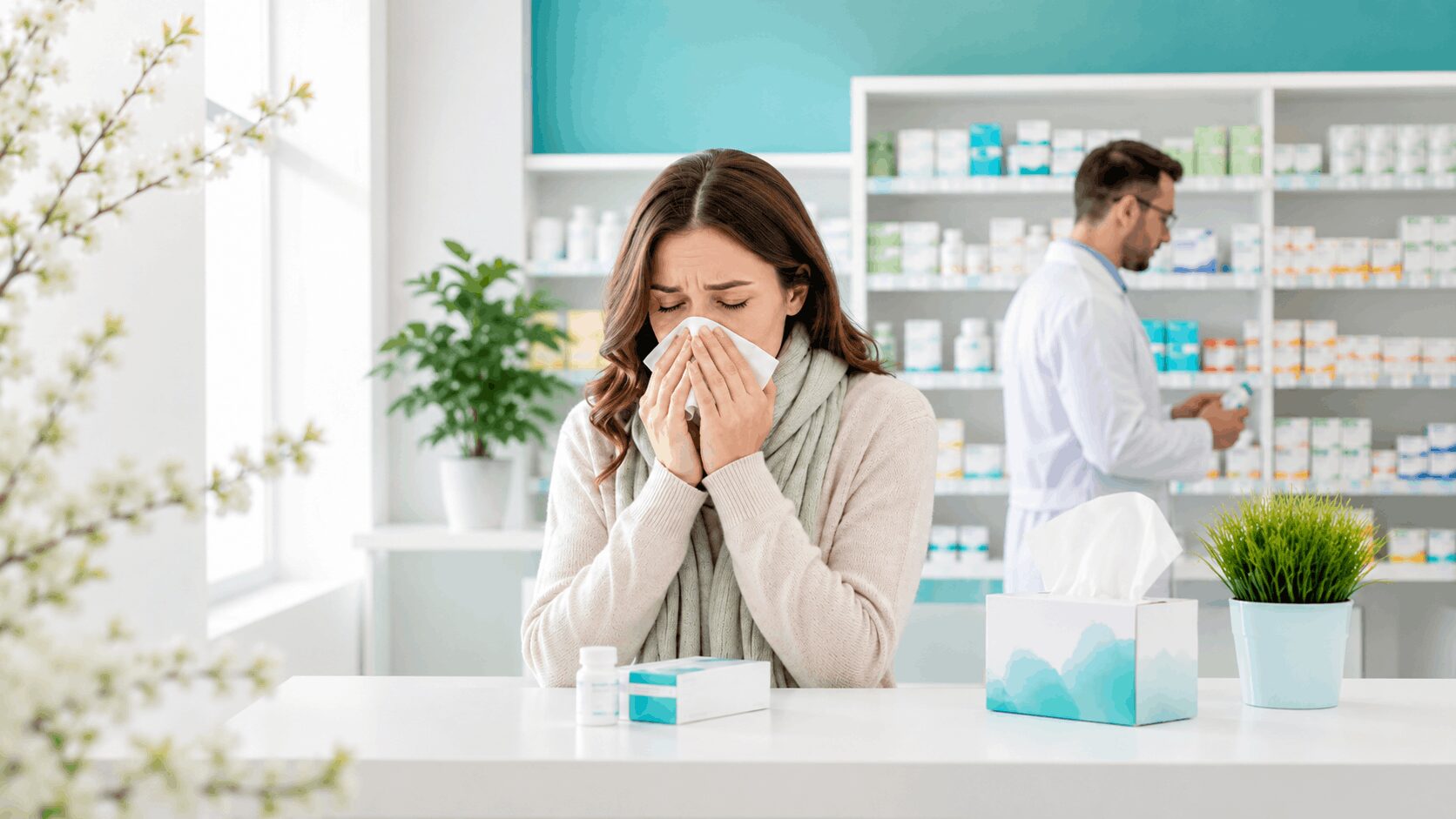 Cold vs allergy Canada symptom comparison showing a patient with sinus congestion in a pharmacy setting