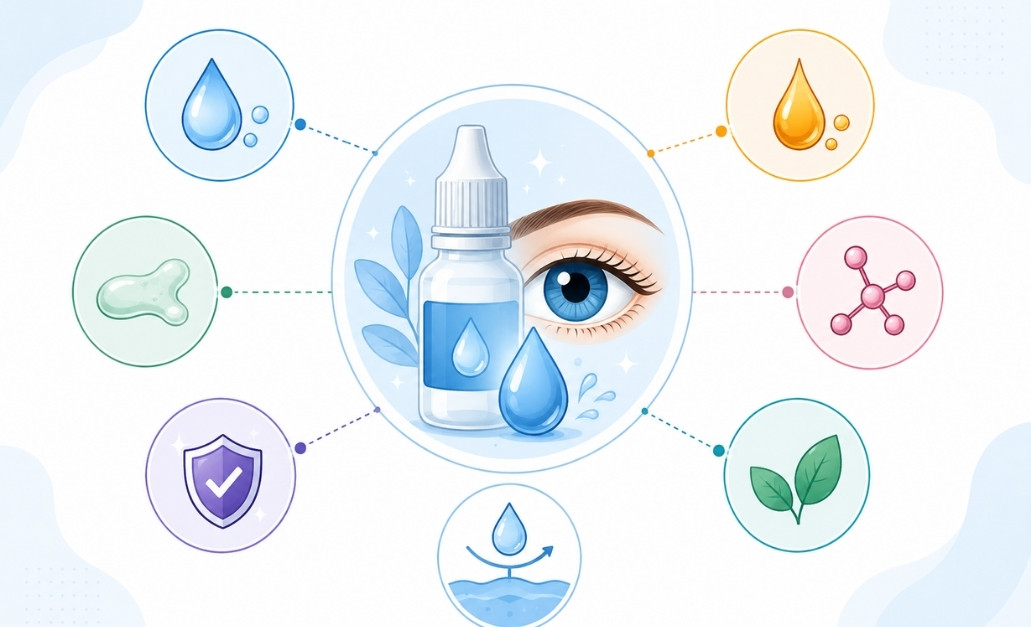 Dry eye drops ingredients infographic showing eye drops, hydration, protection, and soothing eye comfort icons