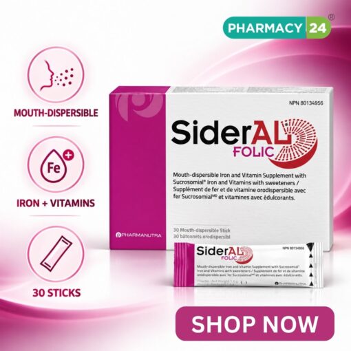 SiderAL FOLIC iron and folate supplement 30 sachets SiderAL® FOLIC 30-sachet pack with 30 mg Sucrosomial® Iron, folate and vitamins C, D, B6 and B12.