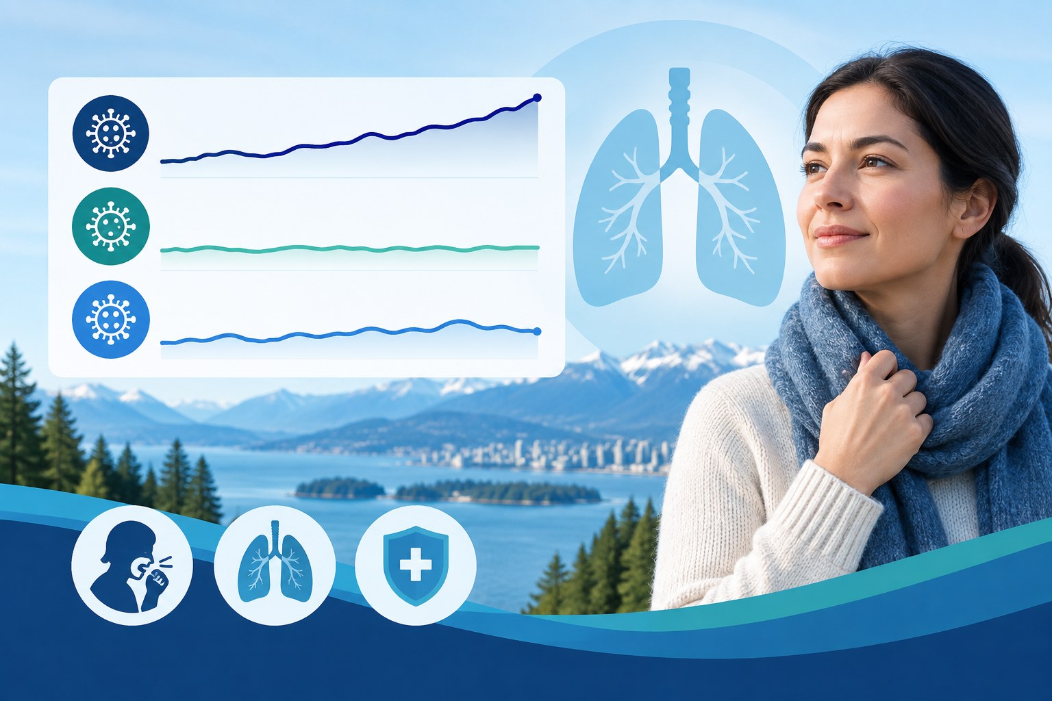 Illustration showing rising influenza activity with RSV low and COVID-19 low-to-moderate in British Columbia