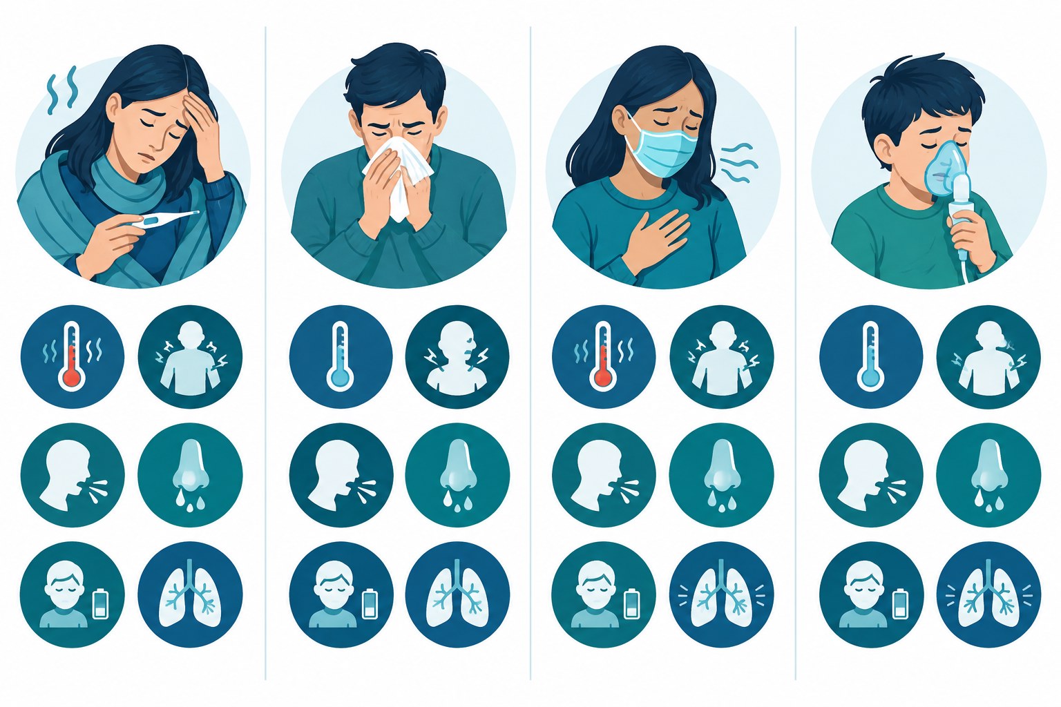 Illustration comparing common symptom patterns for flu, common cold, COVID-19 and RSV