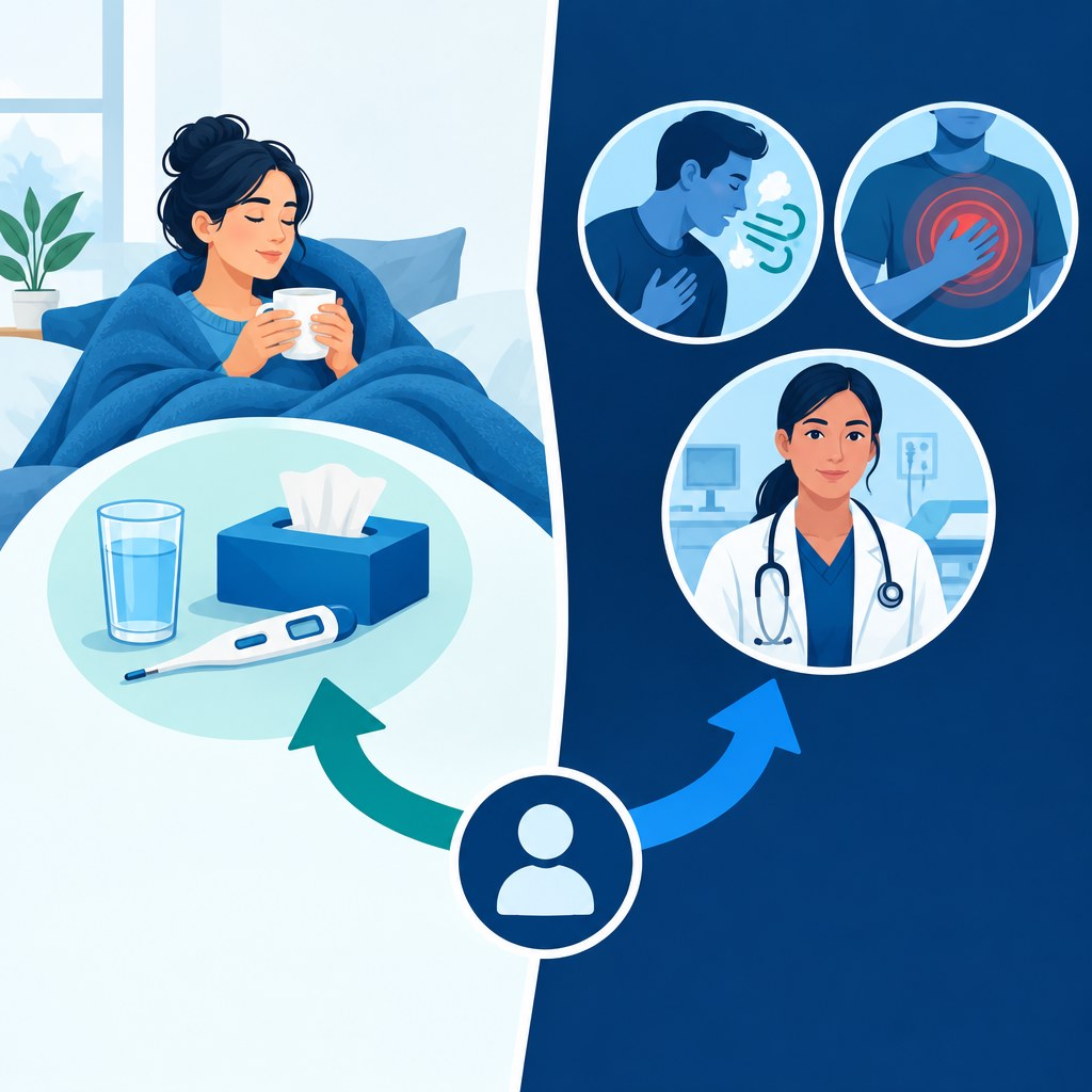 Illustration comparing home care for mild flu symptoms with signs that need medical assessment
