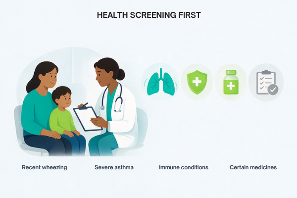 Pharmacist reviewing health factors before a child’s nasal spray flu vaccination.