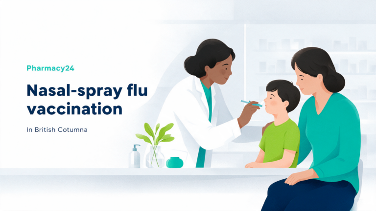 Parent and child with pharmacist preparing a nasal spray flu vaccination in B.C.
