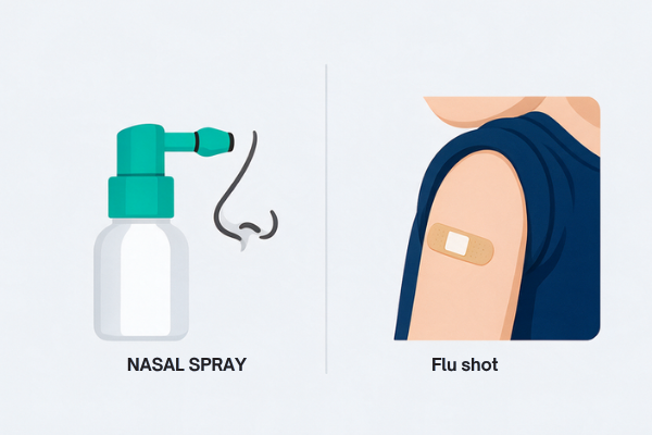 Nasal spray and flu shot shown side by side for children’s flu vaccination.