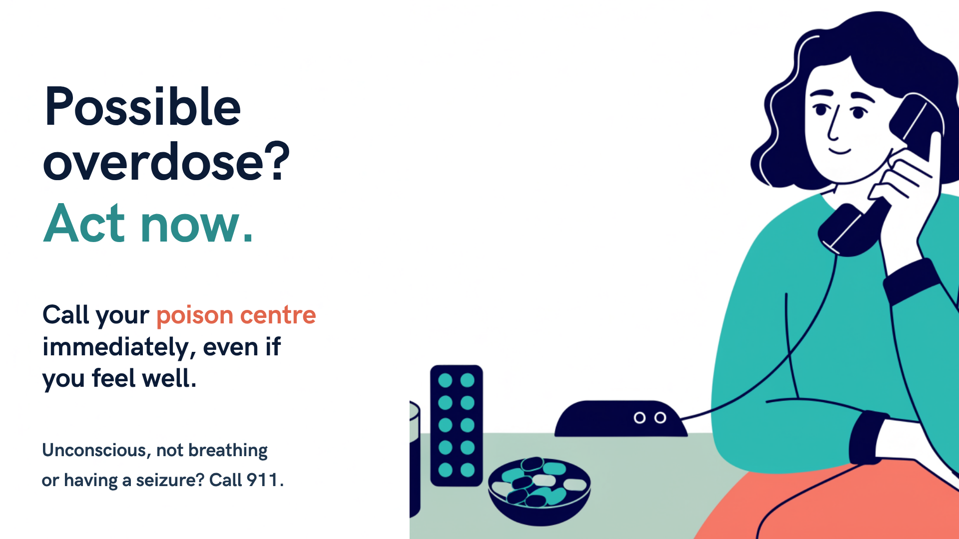 Possible overdose: call a poison centre immediately even if you feel well; call 911 for unconsciousness, not breathing or seizure.